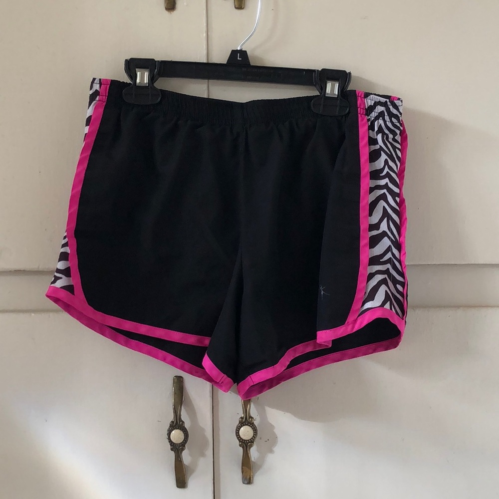 Black with pink strips and zebra print shorts